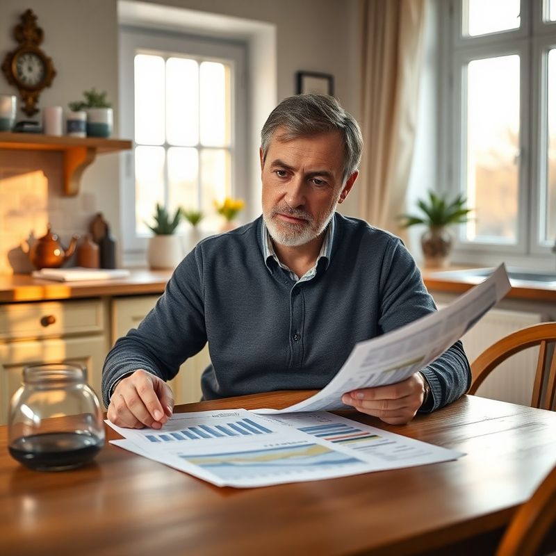 Klient prochází vytištěné finanční přehledy u kuchyňského stolu